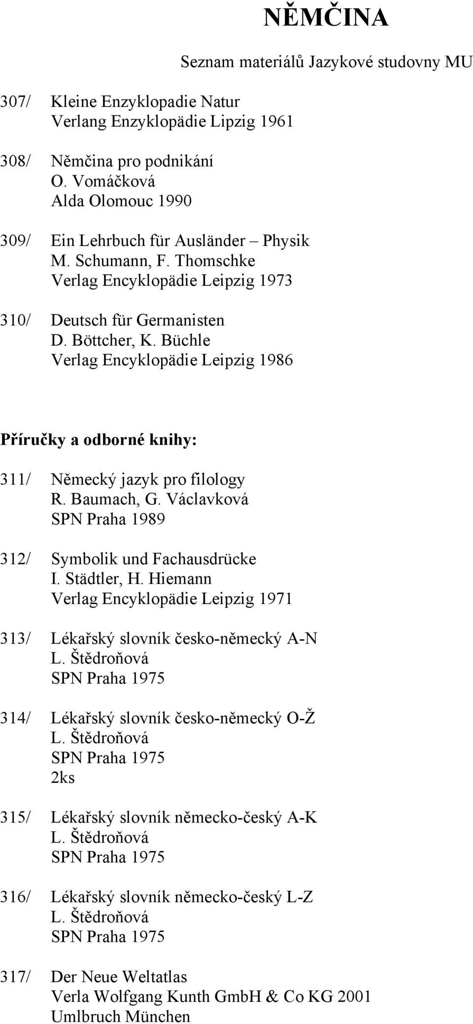 Baumach, G. Václavková SPN Praha 1989 312/ Symbolik und Fachausdrücke I. Städtler, H. Hiemann Verlag Encyklopädie Leipzig 1971 313/ Lékařský slovník česko-německý A-N L.