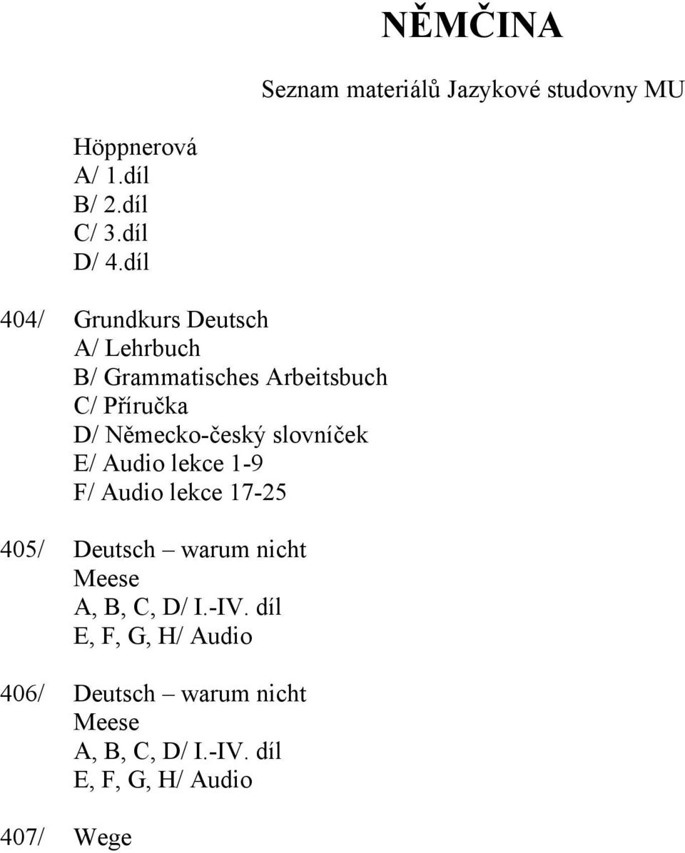 Německo-český slovníček E/ Audio lekce 1-9 F/ Audio lekce 17-25 405/ Deutsch warum