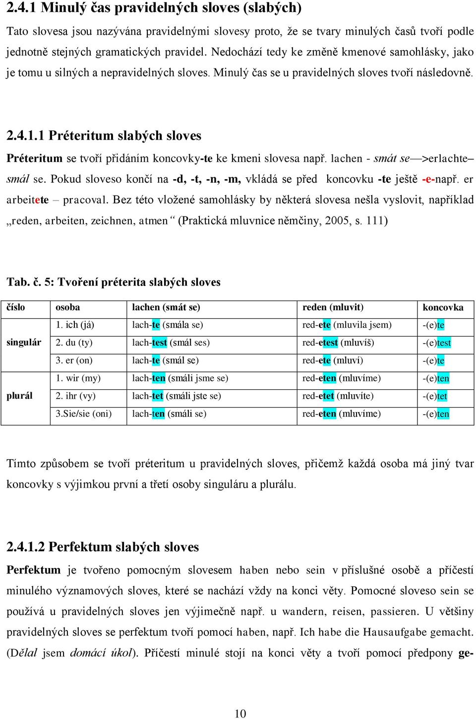 1 Préteritum slabých sloves Préteritum se tvoří přidáním koncovky-te ke kmeni slovesa např. lachen - smát se >erlachte smál se.