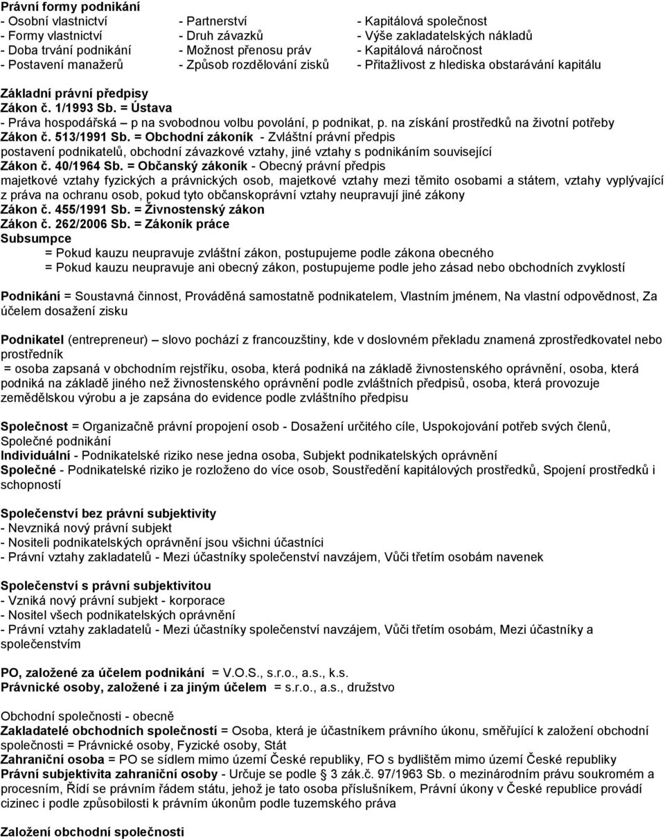 = Ústava - Práva hospodářská p na svobodnou volbu povolání, p podnikat, p. na získání prostředků na životní potřeby Zákon č. 513/1991 Sb.