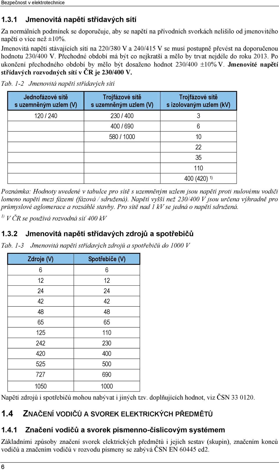 Po ukončení přechodného období by mělo být dosaženo hodnot 230/400 ±10% V. Jmenovité napětí střídavých rozvodných sítí v ČR je 230/400 V. Tab.