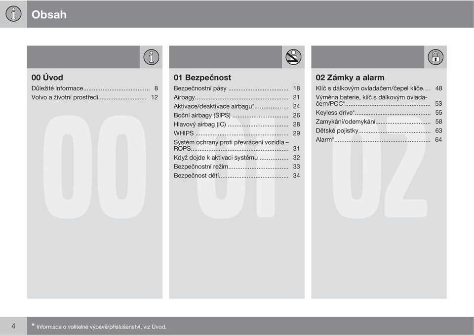 .. 24 Boční airbagy (SIPS)... 26 Keyless drive*... 55 Hlavový airbag (IC)... 28 Zamykání/odemykání... 58 WHIPS... 29 Dětské pojistky.
