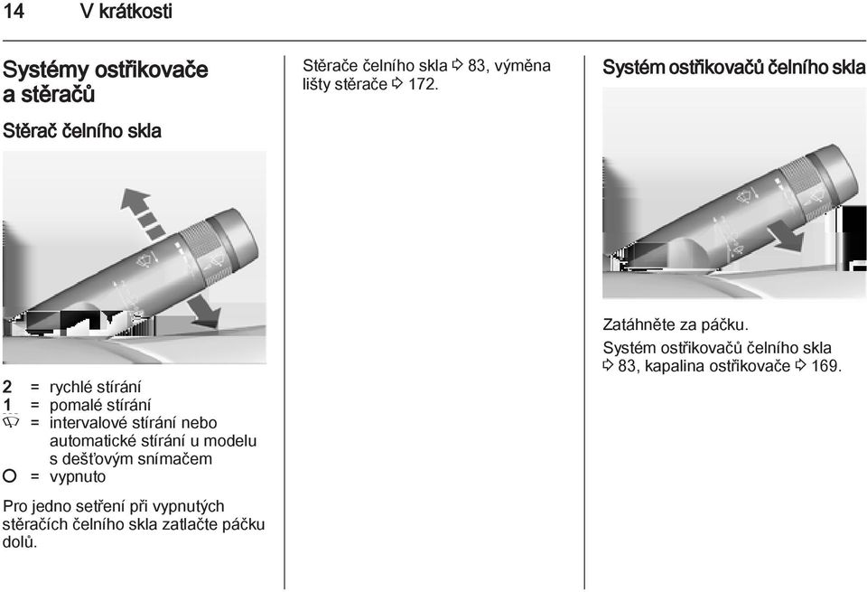 Systém ostřikovačů čelního skla 2 = rychlé stírání 1 = pomalé stírání P = intervalové stírání nebo