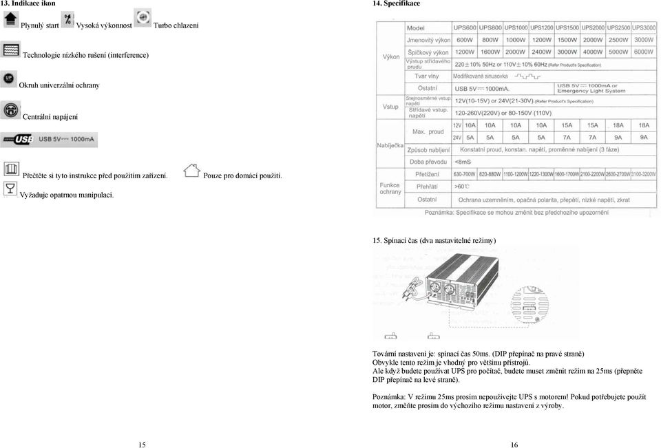 použitím zařízení. Pouze pro domácí použití. Vyžaduje opatrnou manipulaci. 15. Spínací čas (dva nastavitelné režimy) Tovární nastavení je: spínací čas 50ms.