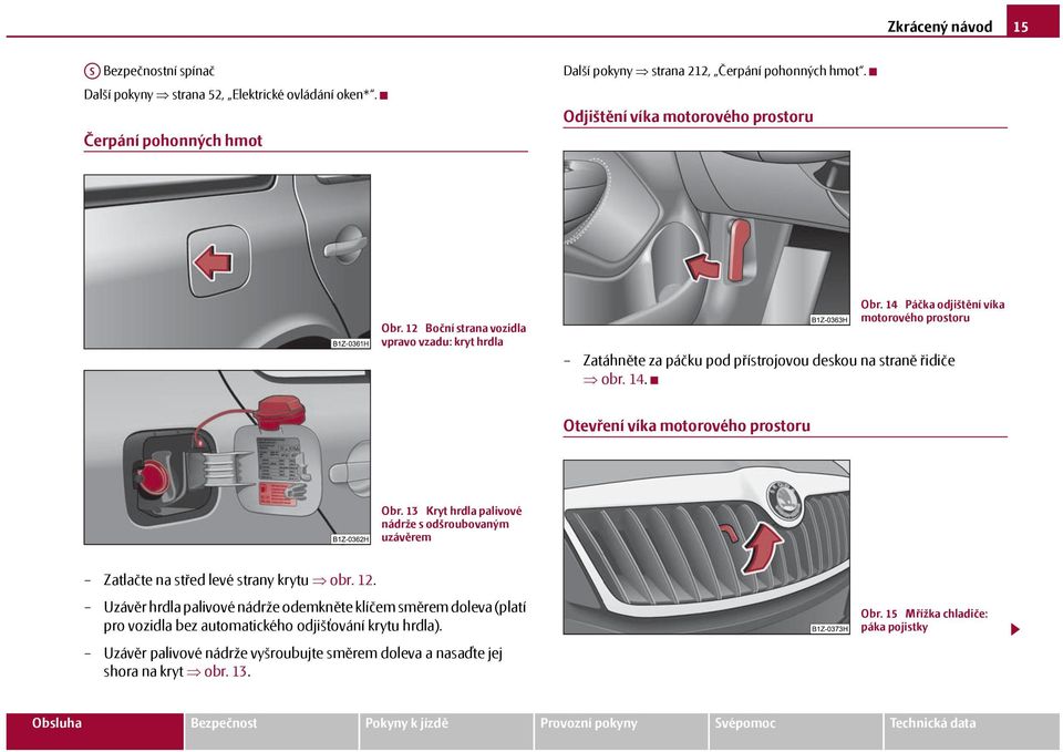 14 Páčka odjištění víka motorového prostoru Zatáhněte za páčku pod přístrojovou deskou na straně řidiče obr. 14. Otevření víka motorového prostoru Obr.