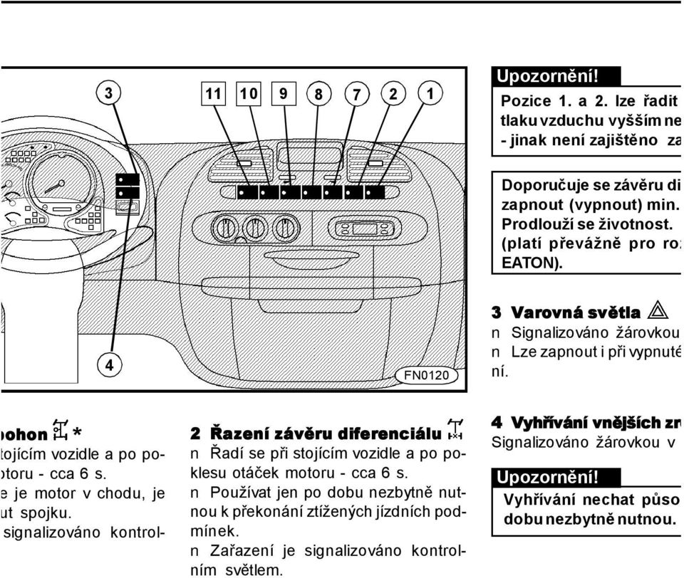 ě, že je motor v chodu, je pnout spojku. je signalizováno kontrol- 2 Řazení závěru diferenciálu Řadí se při stojícím vozidle a po poklesu otáček motoru - cca 6 s.