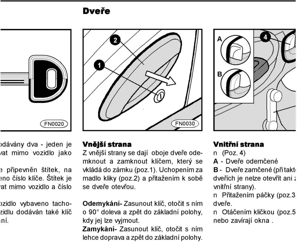 Uchopením za madlo kliky (poz.2) a přitažením k sobě se dveře otevřou. Odemykání- Zasunout klíč, otočit s ním o 90 doleva a zpět do základní polohy, kdy jej lze vyjmout.