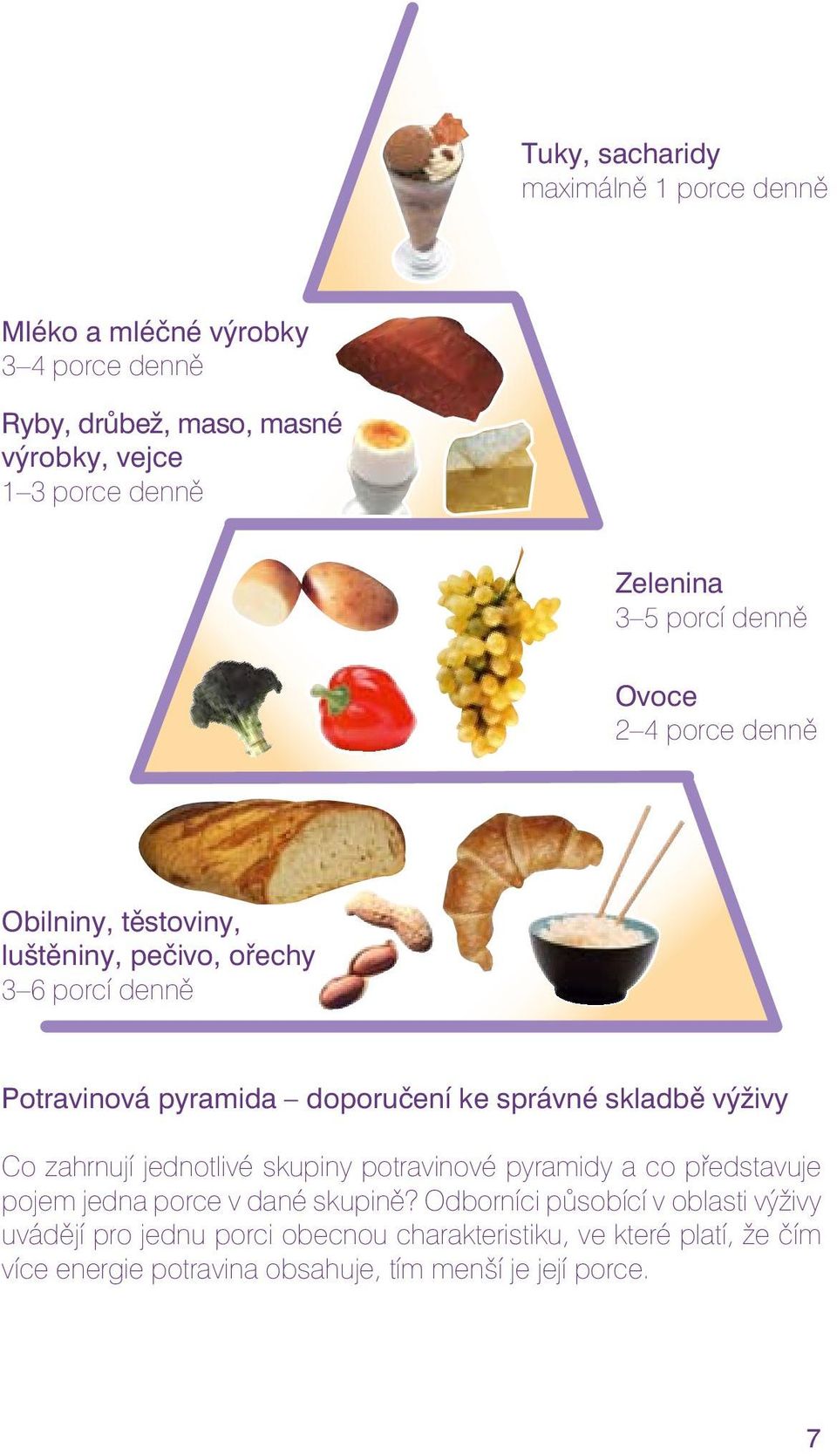 ke správné skladbě výživy Co zahrnují jednotlivé skupiny potravinové pyramidy a co představuje pojem jedna porce v dané skupině?