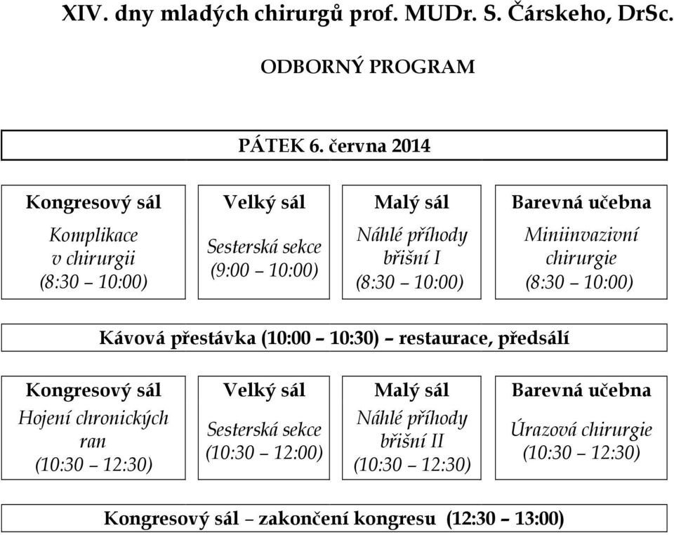 břišní I (8:30 10:00) Miniinvazivní chirurgie (8:30 10:00) Kávová přestávka (10:00 10:30) restaurace, předsálí Kongresový sál Velký sál Malý