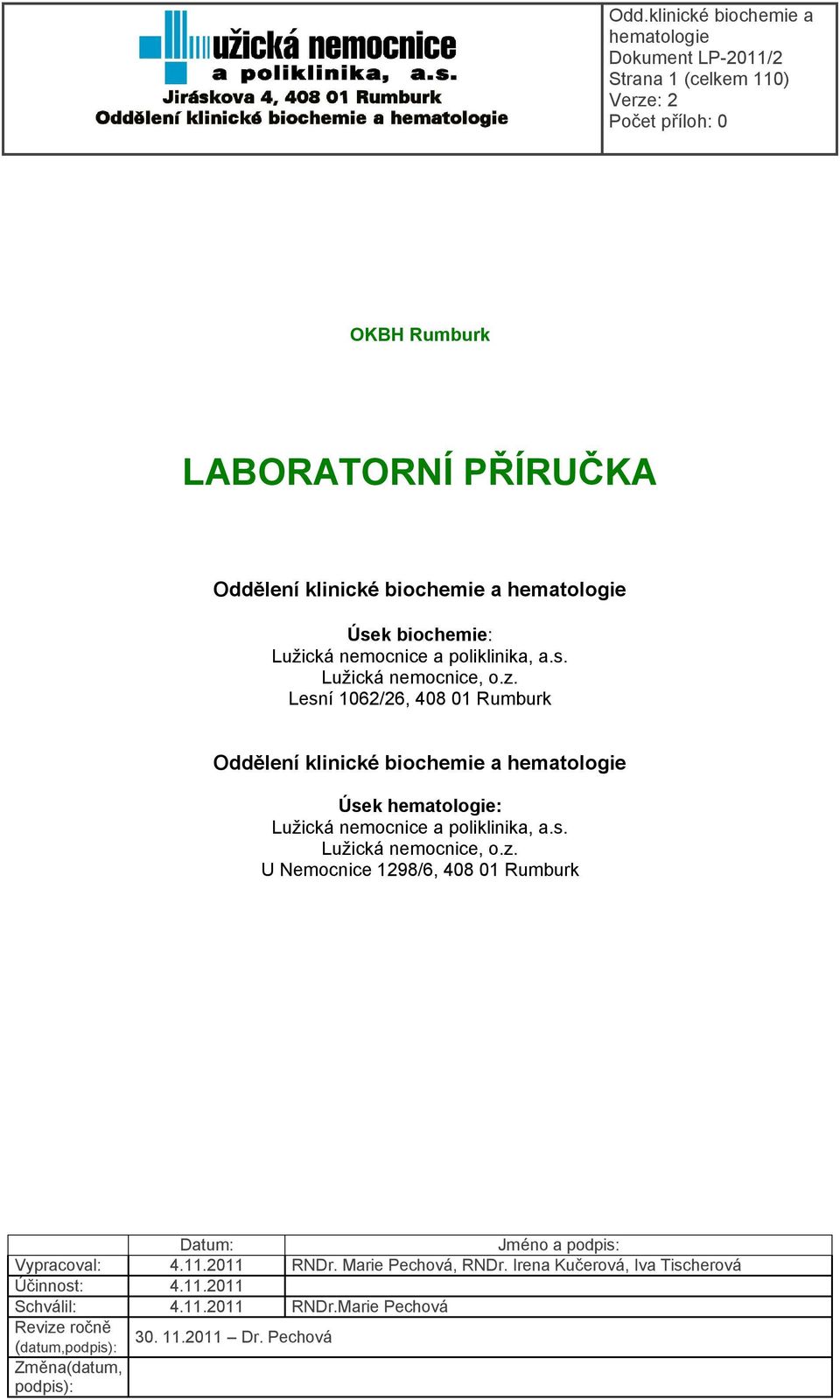 11.2011 RNDr. Marie Pechová, RNDr. Irena Kučerová, Iva Tischerová Účinnost: 4.11.2011 Schválil: 4.11.2011 RNDr.Marie Pechová Revize ročně (datum,podpis): 30.