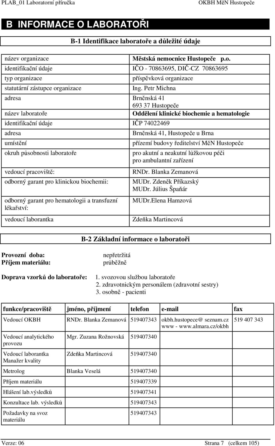 pracoviště: odborný garant pro klinickou biochemii: odborný garant pro hematologii a transfuzní lékařství: vedoucí laborantka Brněnská 41, Hustopeče u Brna přízemí budovy ředitelství MěN Hustopeče