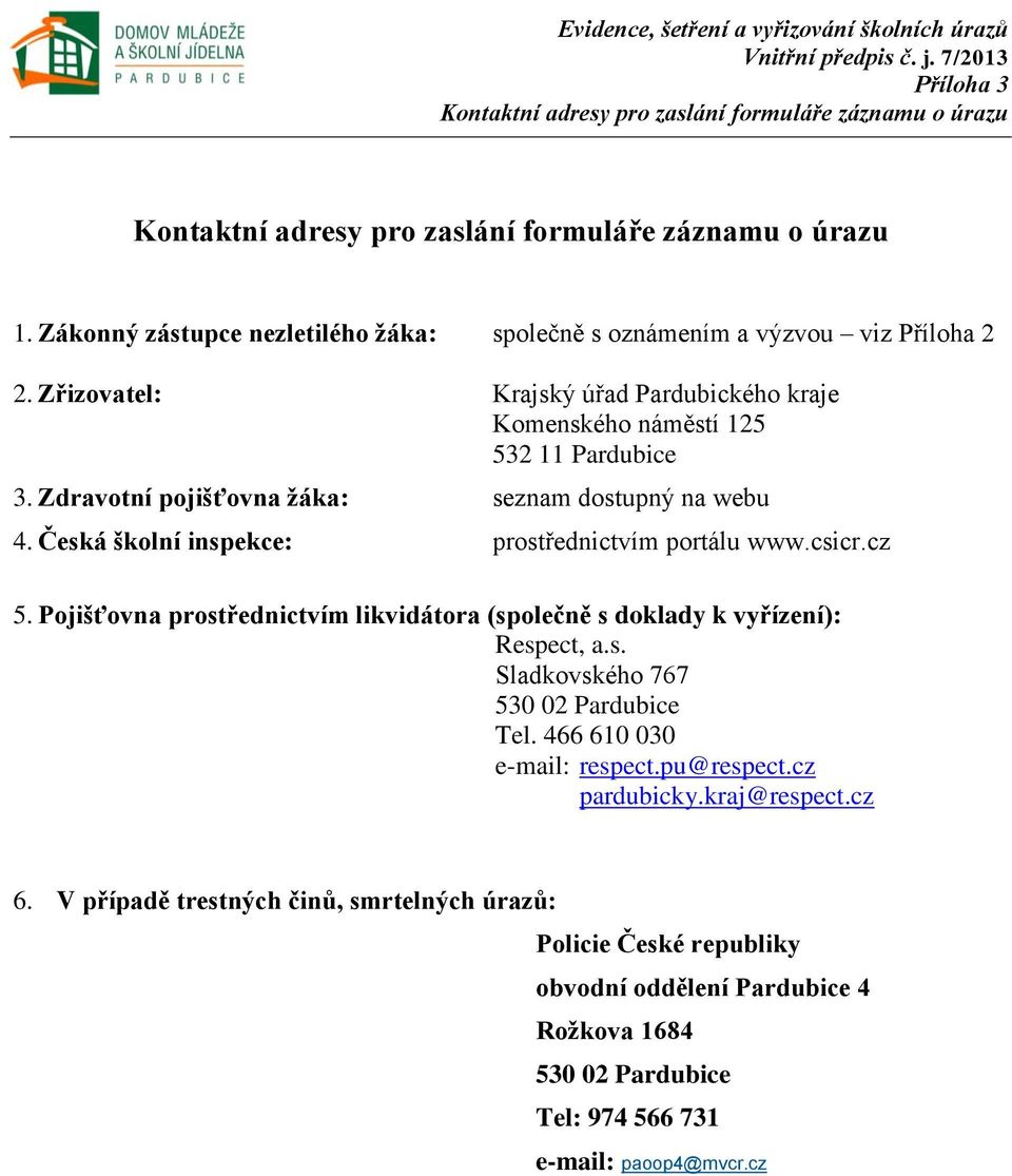 Zdravotní pojišťovna žáka: seznam dostupný na webu 4. Česká školní inspekce: prostřednictvím portálu www.csicr.cz 5. Pojišťovna prostřednictvím likvidátora (společně s doklady k vyřízení): Respect, a.