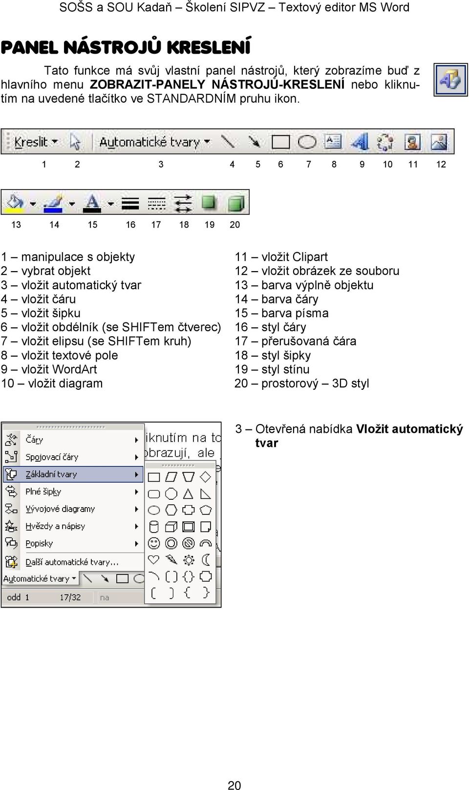 1 2 3 4 5 6 7 8 9 10 11 12 13 14 15 16 17 18 19 20 1 manipulace s objekty 11 vložit Clipart 2 vybrat objekt 12 vložit obrázek ze souboru 3 vložit automatický tvar 13 barva