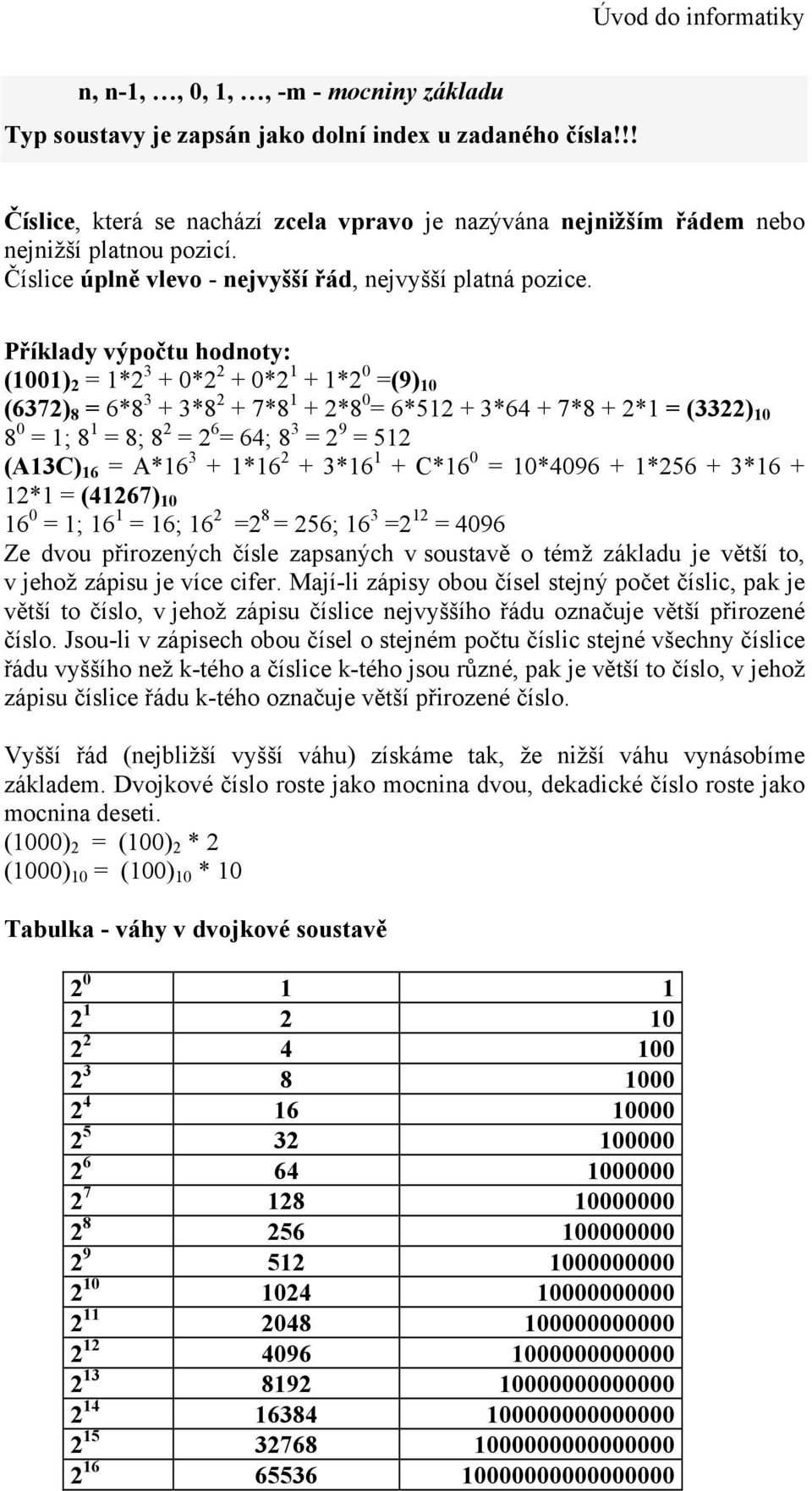 Příklady výpočtu hodnoty: (1001) 2 = 1*2 3 + 0*2 2 + 0*2 1 + 1*2 0 =(9) 10 (6372) 8 = 6*8 3 + 3*8 2 + 7*8 1 + 2*8 0 = 6*512 + 3*64 + 7*8 + 2*1 = (3322) 10 8 0 = 1; 8 1 = 8; 8 2 = 2 6 = 64; 8 3 = 2 9