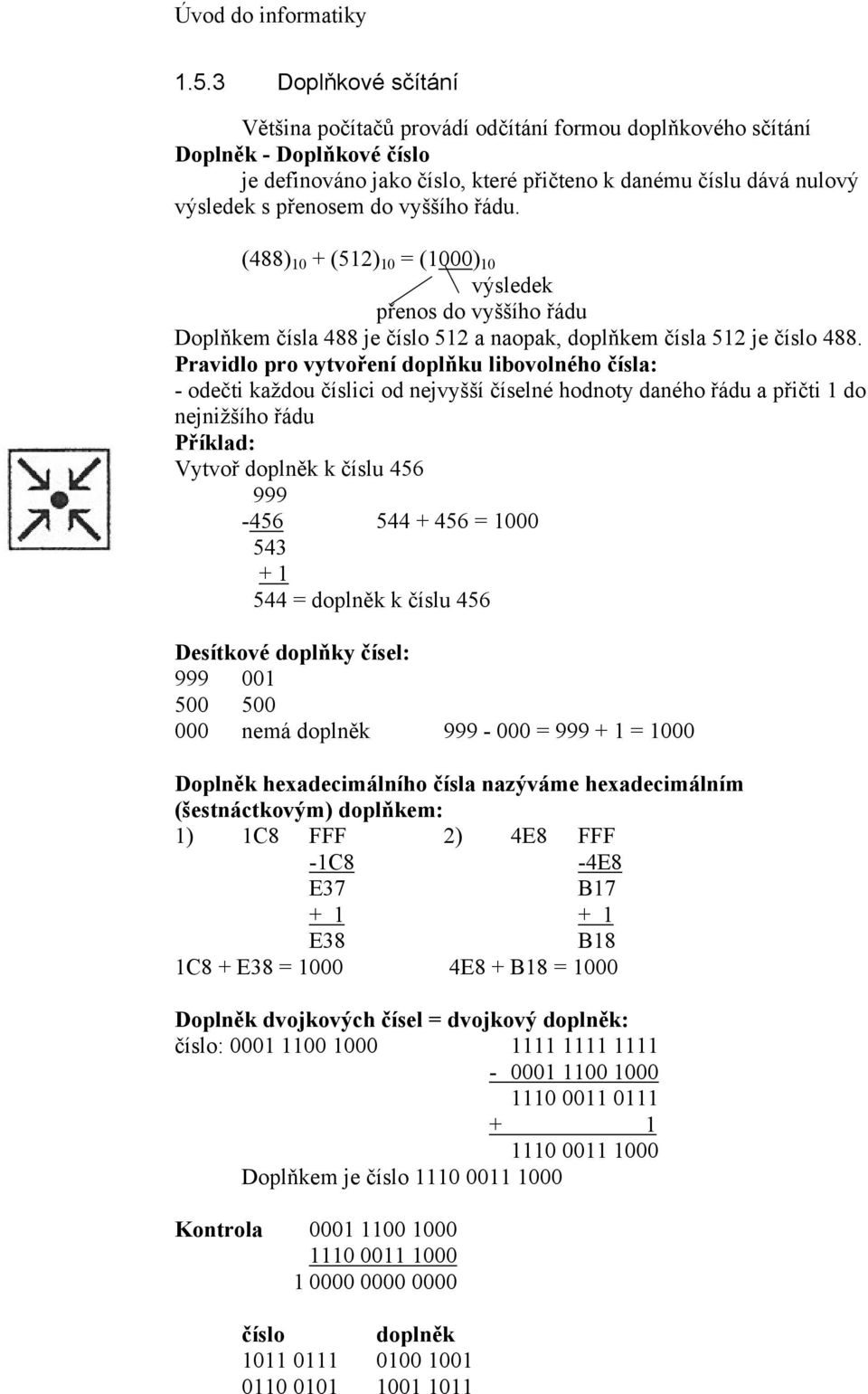 Pravidlo pro vytvoření doplňku libovolného čísla: - odečti každou číslici od nejvyšší číselné hodnoty daného řádu a přičti 1 do nejnižšího řádu Příklad: Vytvoř doplněk k číslu 456 999-456 544 + 456 =
