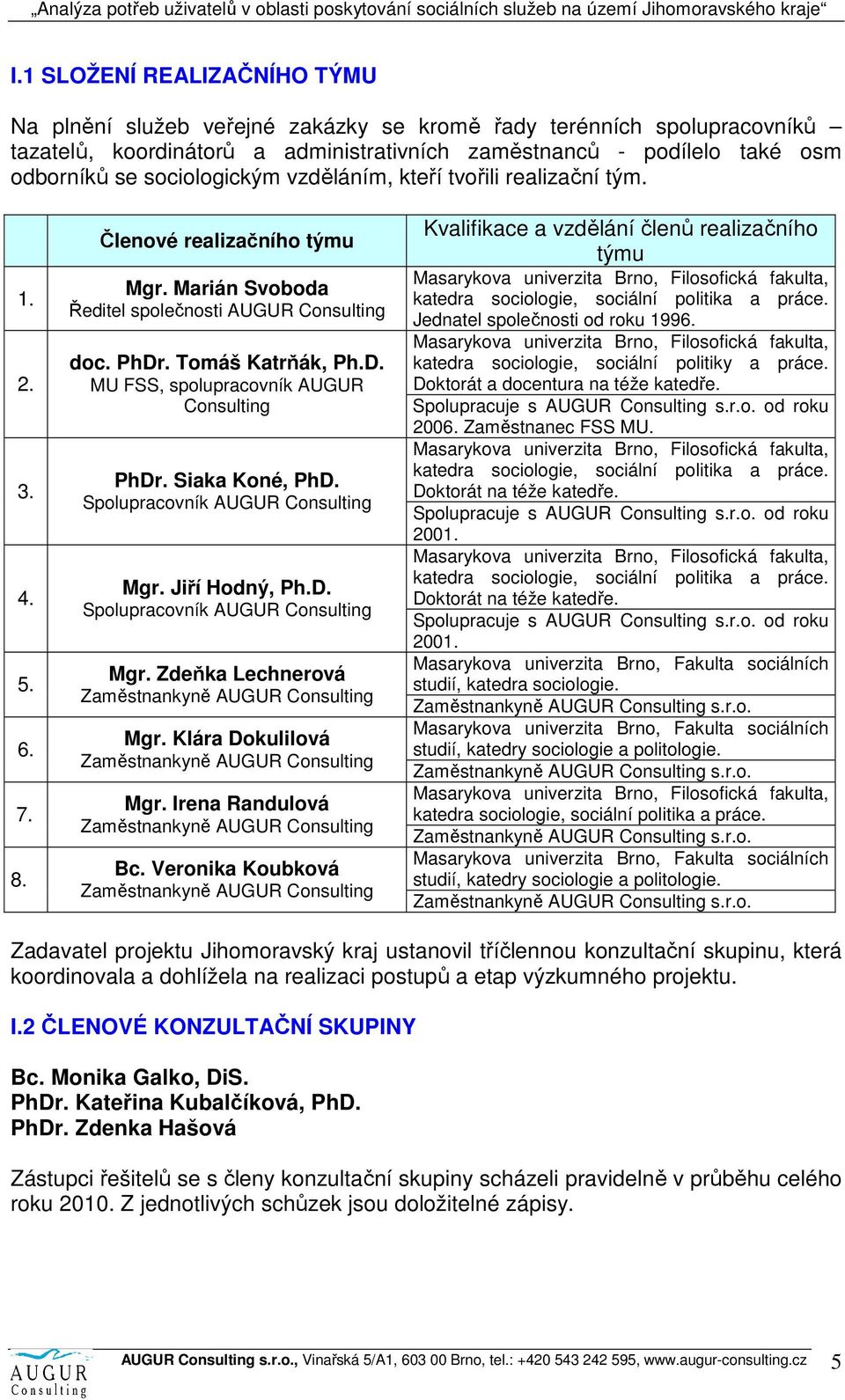 . Tomáš Katrňák, Ph.D. MU FSS, spolupracovník AUGUR Consulting PhDr. Siaka Koné, PhD. Spolupracovník AUGUR Consulting Mgr. Jiří Hodný, Ph.D. Spolupracovník AUGUR Consulting Mgr. Zdeňka Lechnerová Zaměstnankyně AUGUR Consulting Mgr.