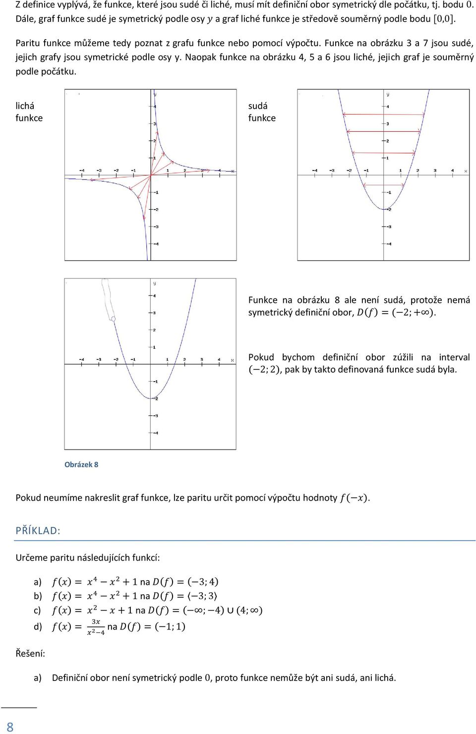 Funkce na obrázku 3 a 7 jsou sudé, jejich grafy jsou symetrické podle osy y. Naopak funkce na obrázku 4, 5 a 6 jsou liché, jejich graf je souměrný podle počátku.