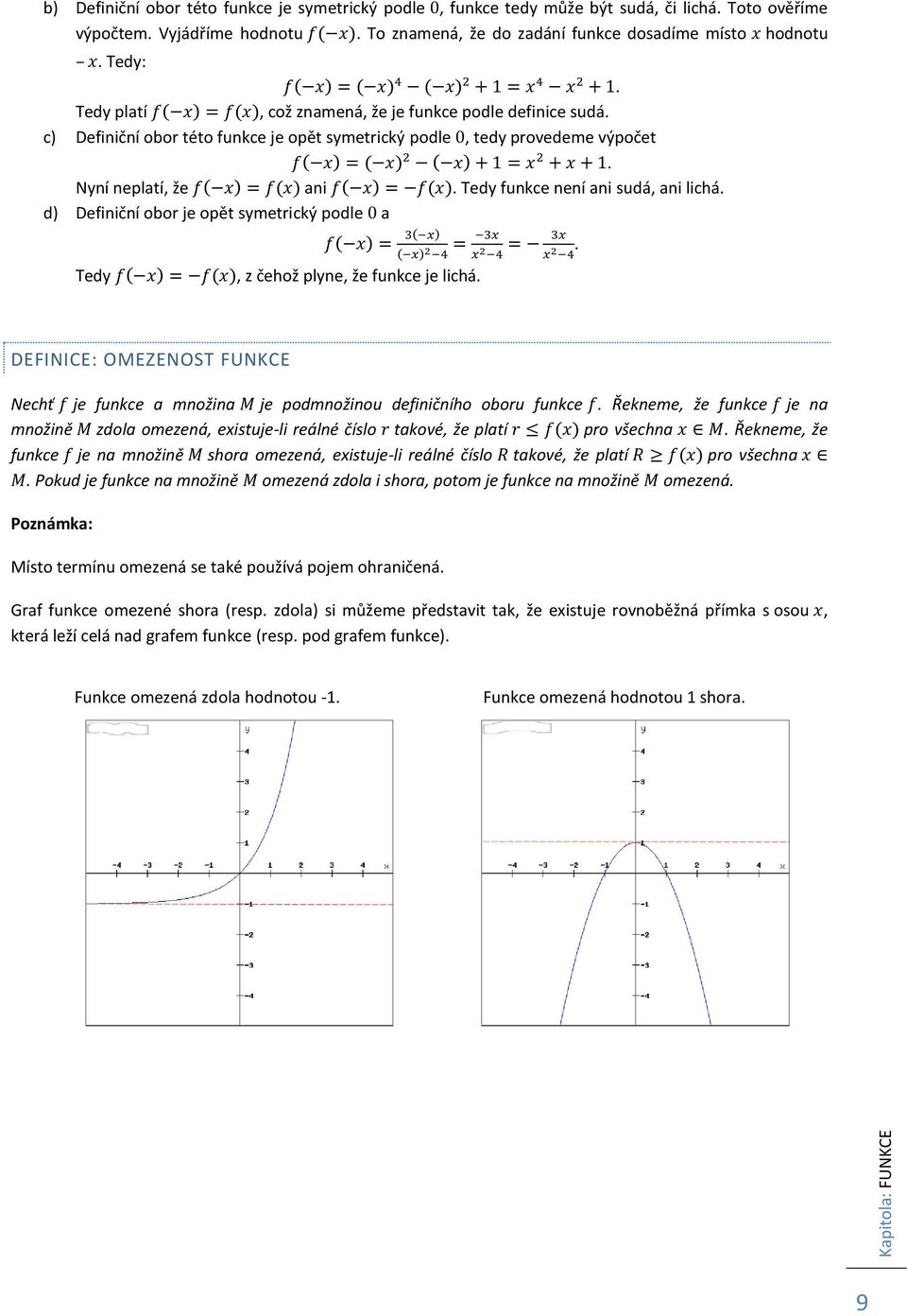 d) Definiční obor je opět symetrický podle a Tedy, z čehož plyne, že funkce je lichá.. DEFINICE: OMEZENOST FUNKCE Nechť je funkce a množina je podmnožinou definičního oboru funkce.