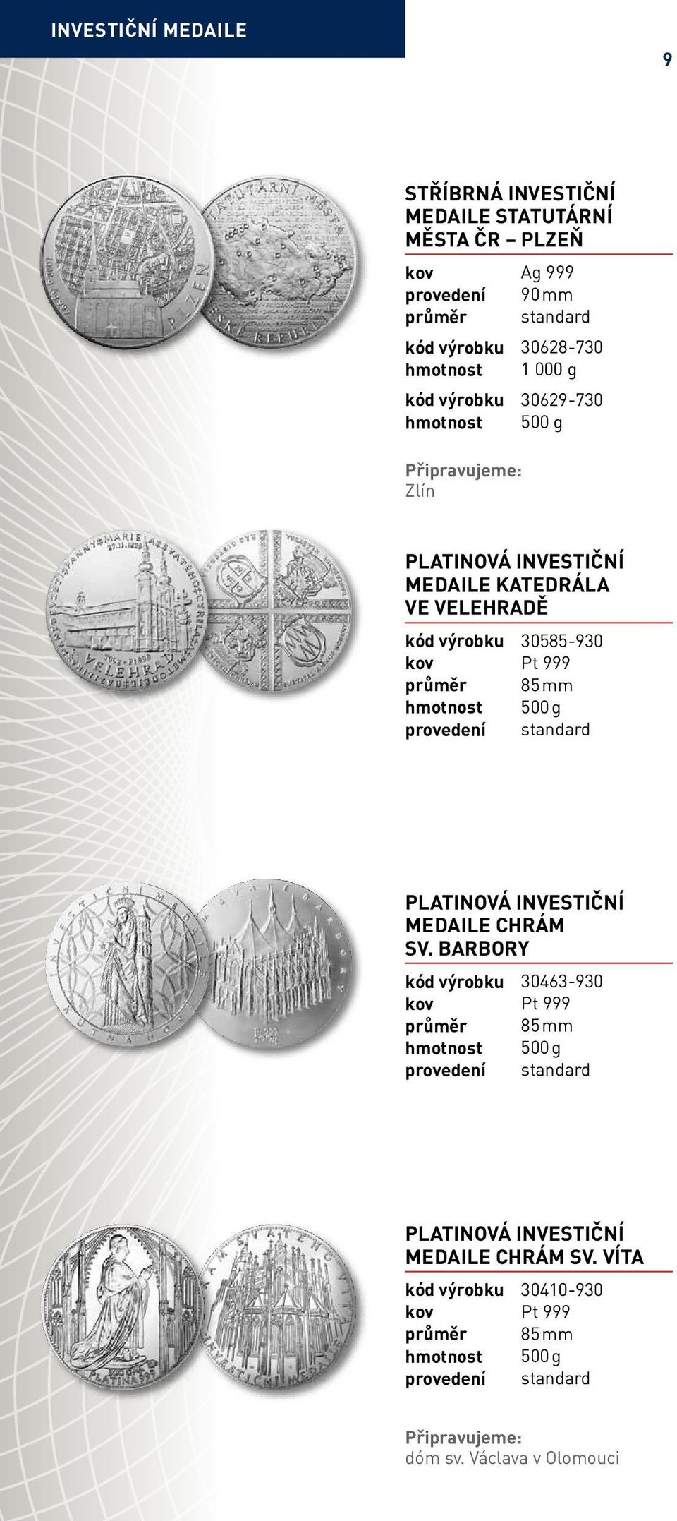 Pt 999 průměr 85 mm hmotnost 500 g Platinová investiční medaile Chrám sv.