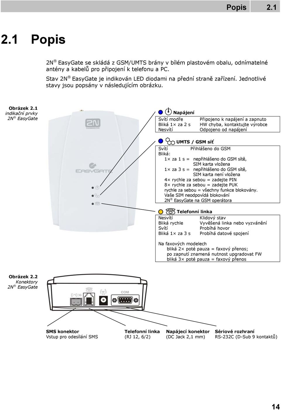 1 indikační prvky 2N EasyGate Napájení Svítí modře Bliká 1 za 2 s Nesvítí Připojeno k napájení a zapnuto HW chyba, kontaktujte výrobce Odpojeno od napájení UMTS / GSM síť Svítí Přihlášeno do GSM