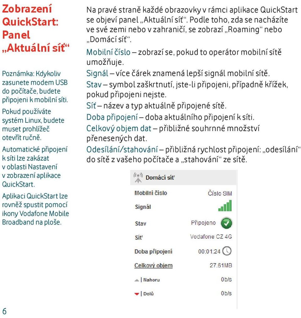 Na pravé straně každé obrazovky v rámci aplikace QuickStart se objeví panel Aktuální síť. Podle toho, zda se nacházíte ve své zemi nebo v zahraničí, se zobrazí Roaming nebo Domácí síť.