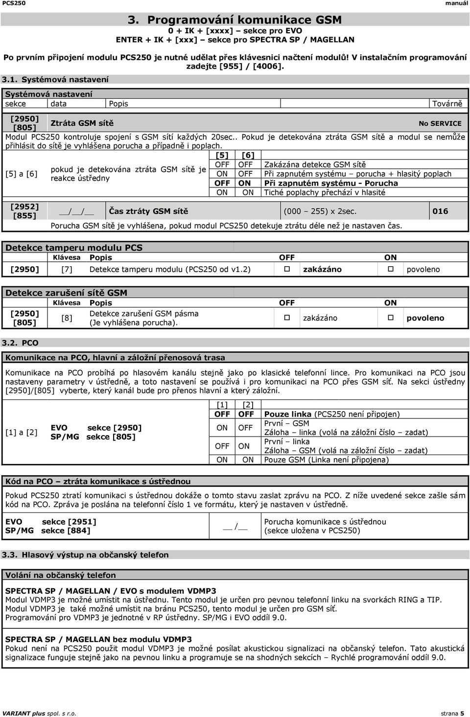Systémová nastavení Systémová nastavení sekce data Popis Továrně [2950] Ztráta GSM sítě No SERVICE [805] Modul PCS250 kontroluje spojení s GSM sítí každých 20sec.