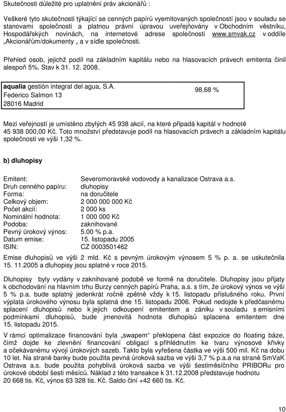 Přehled osob, jejichž podíl na základním kapitálu nebo na hlasovacích právech emitenta činil alespoň 5%. Stav k 31. 12. 2008. aqualia gestión integral del agua, S.A.