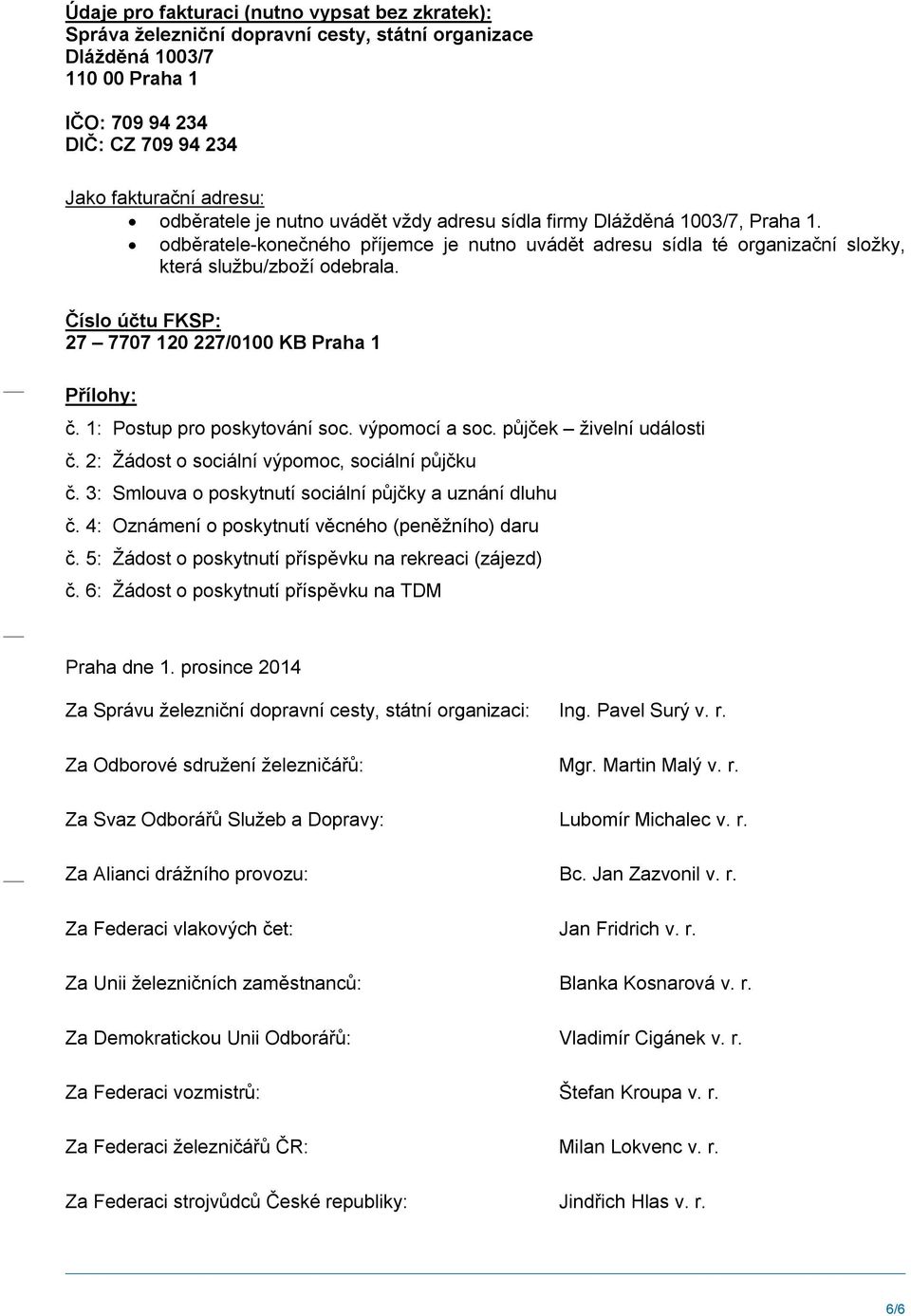 Číslo účtu FKSP: 27 7707 120 227/0100 KB Praha 1 Přílohy: č. 1: Postup pro poskytování soc. výpomocí a soc. půjček živelní události č. 2: Žádost o sociální výpomoc, sociální půjčku č.