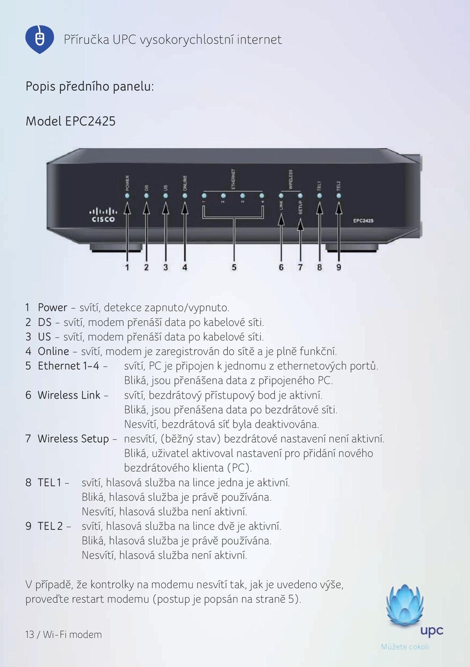 6 Wireless Link svítí, bezdrátový přístupový bod je aktivní. Bliká, jsou přenášena data po bezdrátové síti. Nesvítí, bezdrátová síť byla deaktivována.