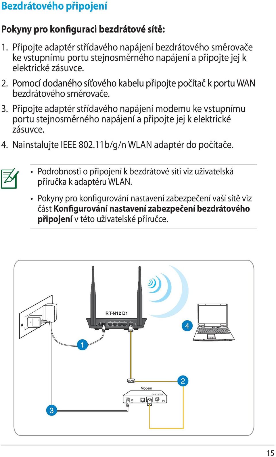 Pomocí dodaného síťového kabelu připojte počítač k portu WAN bezdrátového směrovače. 3.