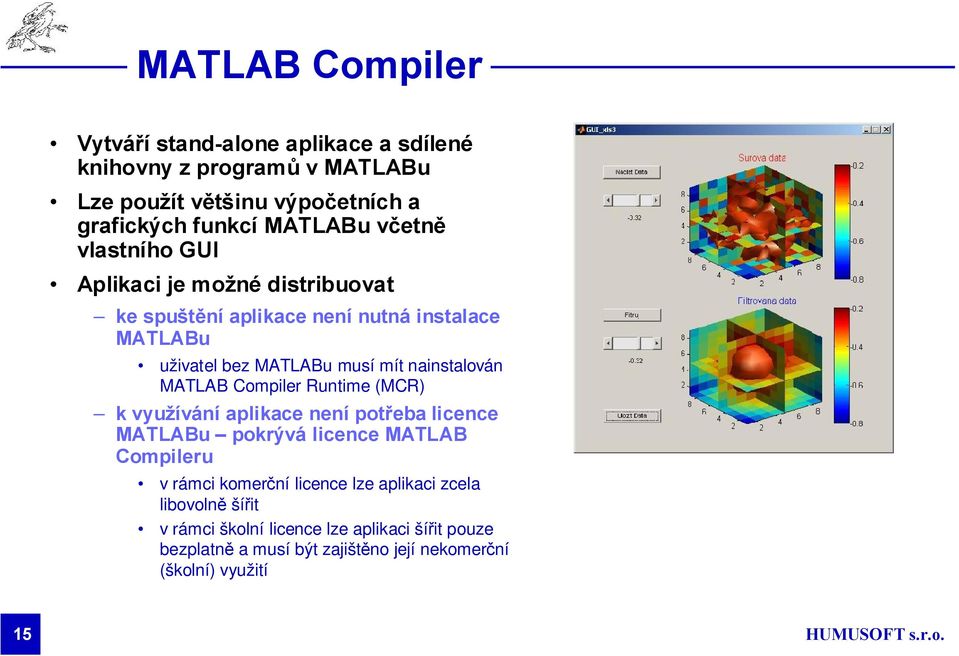 nainstalován MATLAB Compiler Runtime (MCR) k využívání aplikace není potřeba licence MATLABu pokrývá licence MATLAB Compileru v rámci komerční