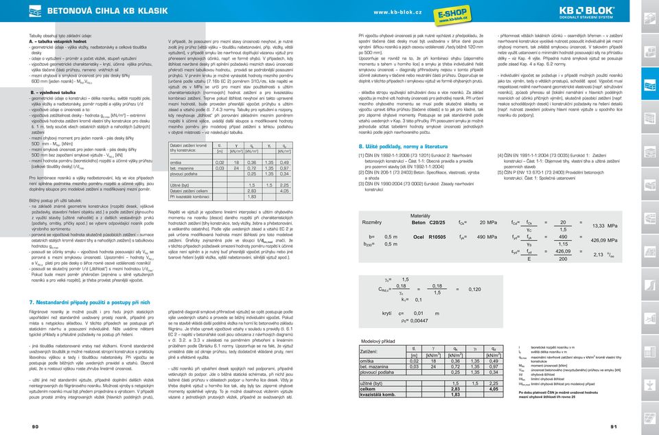 krytí, účinná výška průřezu, výška tlačené části průřezu, rameno vnitřních sil - mezní ohybová a smyková únosnost pro pás desky šířky 600 mm (jeden nosník) - M Rd,V Rd,c B.