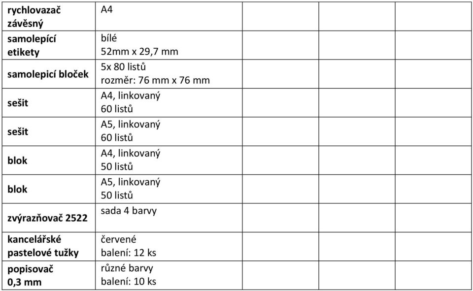 80 listů rozměr: 76 mm x 76 mm A4, linkovaný 60 listů A5, linkovaný 60 listů A4,