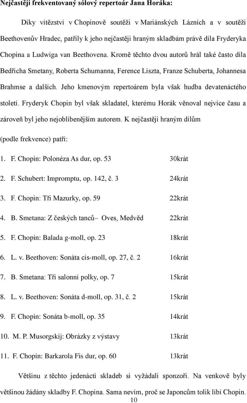 Jeho kmenovým repertoárem byla však hudba devatenáctého století. Fryderyk Chopin byl však skladatel, kterému Horák věnoval nejvíce času a zároveň byl jeho nejoblíbenějším autorem.