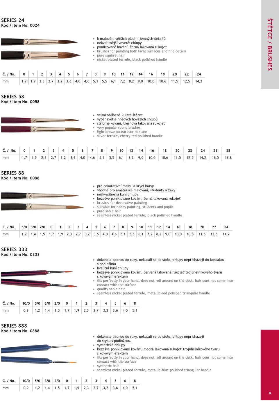 0 1 2 3 4 5 6 7 8 9 10 11 12 14 16 18 20 22 24 ŠTĚTCE / BRUSHES mm 1,7 1,9 2,3 2,7 3,2 3,6 4,0 4,6 5,1 5,5 6,1 7,2 8,2 9,0 10,0 10,6 11,5 12,5 14,2 SERIES 58 / 0058 velmi oblíbené kulaté štětce výběr