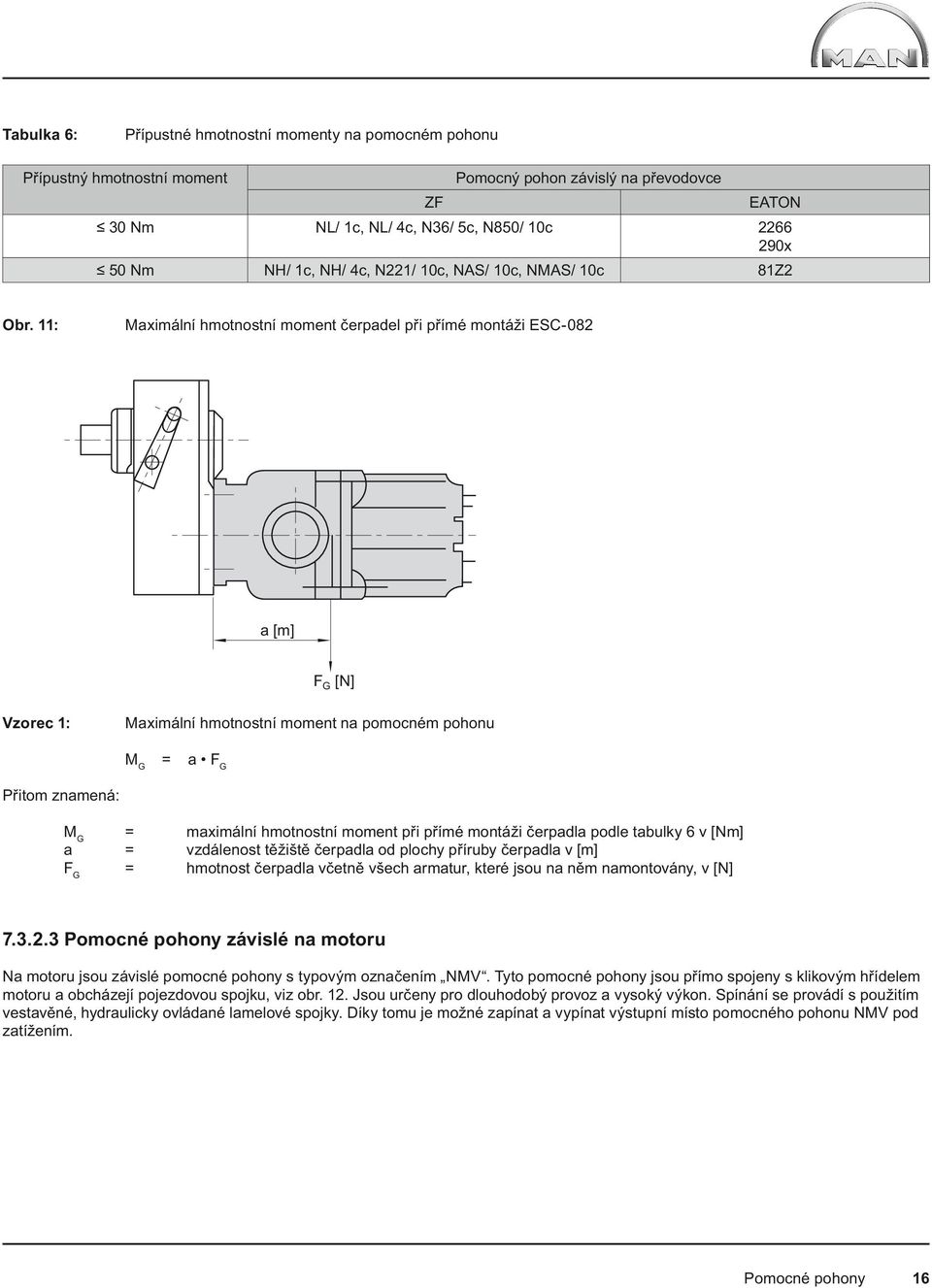 11: Maximální hmotnostní moment čerpadel při přímé montáži ESC-082 a [m] F G [N] Vzorec 1: Maximální hmotnostní moment na pomocném pohonu M G = a F G Přitom znamená: M G = maximální hmotnostní moment