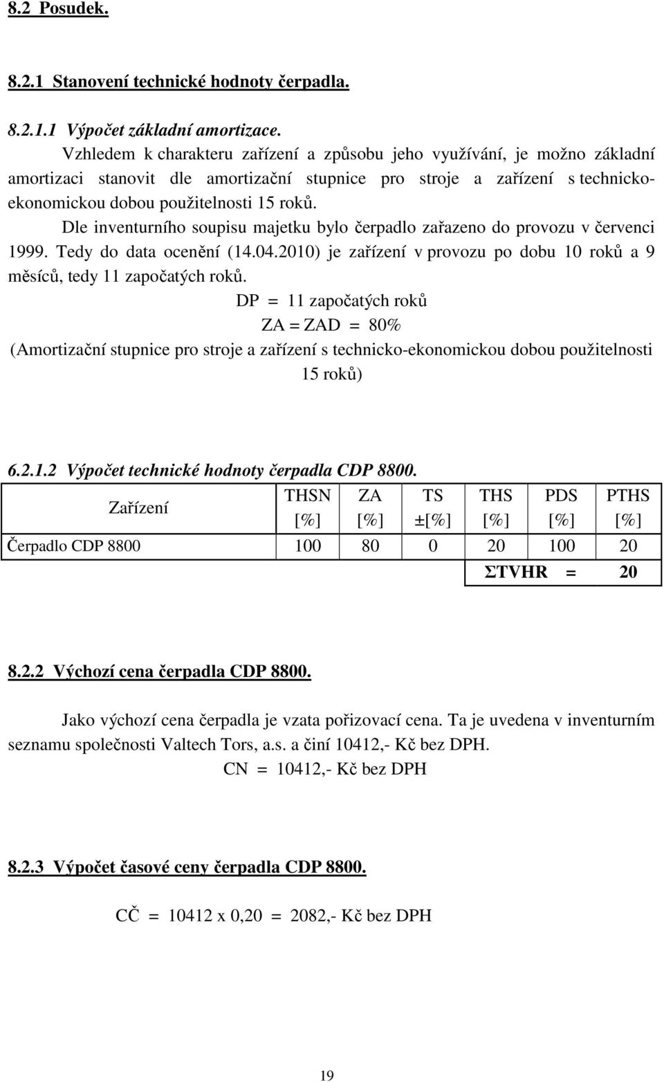 Dle inventurního soupisu majetku bylo čerpadlo zařazeno do provozu v červenci 1999. Tedy do data ocenění (14.04.2010) je zařízení v provozu po dobu 10 roků a 9 měsíců, tedy 11 započatých roků.