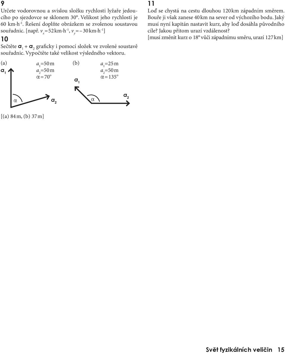 1 a =50m a=70 o (b) a 1 a 1 =5m a =50m a=135 o 11 Loď se chystá na cestu dlouhou 10km západním směrem Bouře ji však zanese 40km na sever od výchozího bodu Jaký musí nyní kapitán