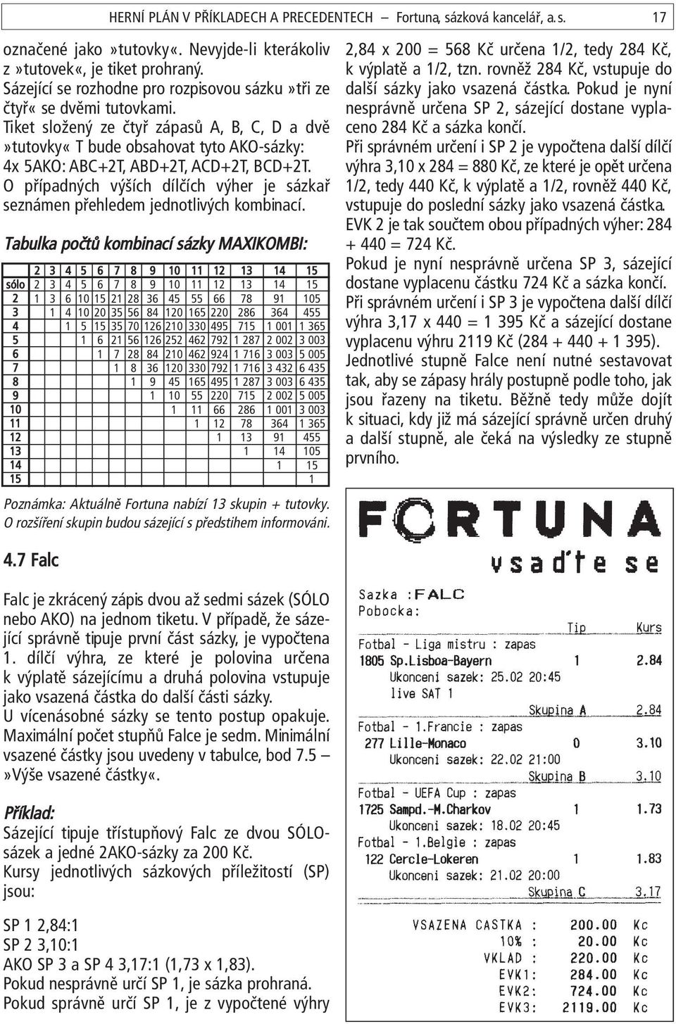 Tiket složený ze čtyř zápasů A, B, C, D a dvě»tutovky«t bude obsahovat tyto AKO-sázky: 4x 5AKO: ABC+2T, ABD+2T, ACD+2T, BCD+2T.