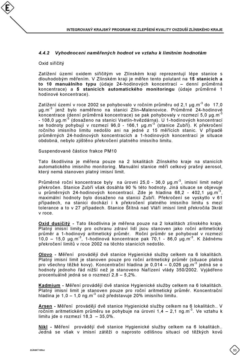 hodinové koncentrace). Zatížení území v roce 2002 se pohybovalo v ročním průměru od 2,1 µg.m -3 do 17,0 µg.m -3 jenž bylo naměřeno na stanici Zlín Malenovice.