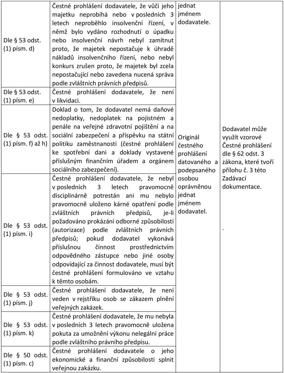 c) Čestné prohlášení dodavatele, že vůči jeho majetku neprobíhá nebo v posledních 3 letech neproběhlo insolvenční řízení, v němž bylo vydáno rozhodnutí o úpadku nebo insolvenční návrh nebyl zamítnut