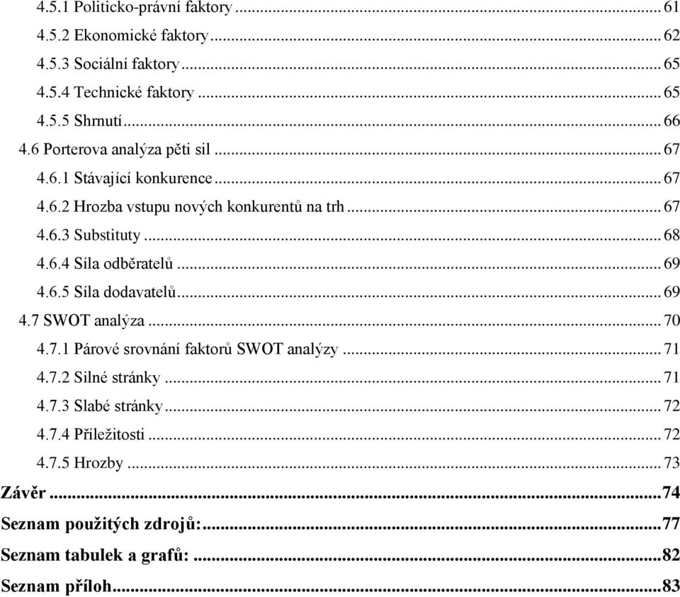 .. 69 4.6.5 Síla dodavatelů... 69 4.7 SWOT analýza... 70 4.7.1 Párové srovnání faktorů SWOT analýzy... 71 4.7.2 Silné stránky... 71 4.7.3 Slabé stránky.