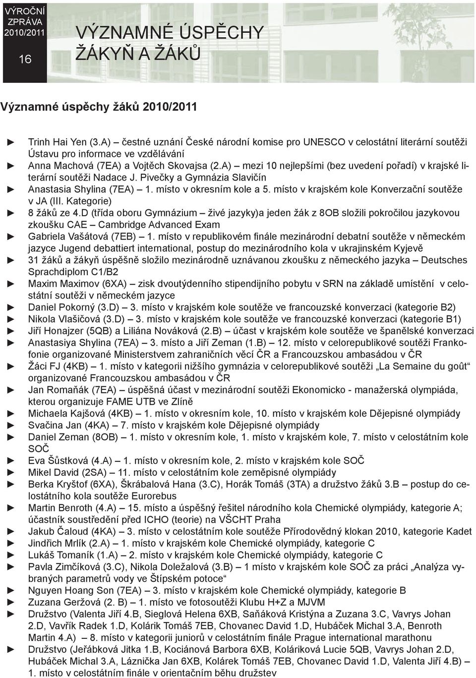 A) mezi 10 nejlepšími (bez uvedení pořadí) v krajské literární soutěži Nadace J. Pivečky a Gymnázia Slavičín Anastasia Shylina (7EA) 1. místo v okresním kole a 5.