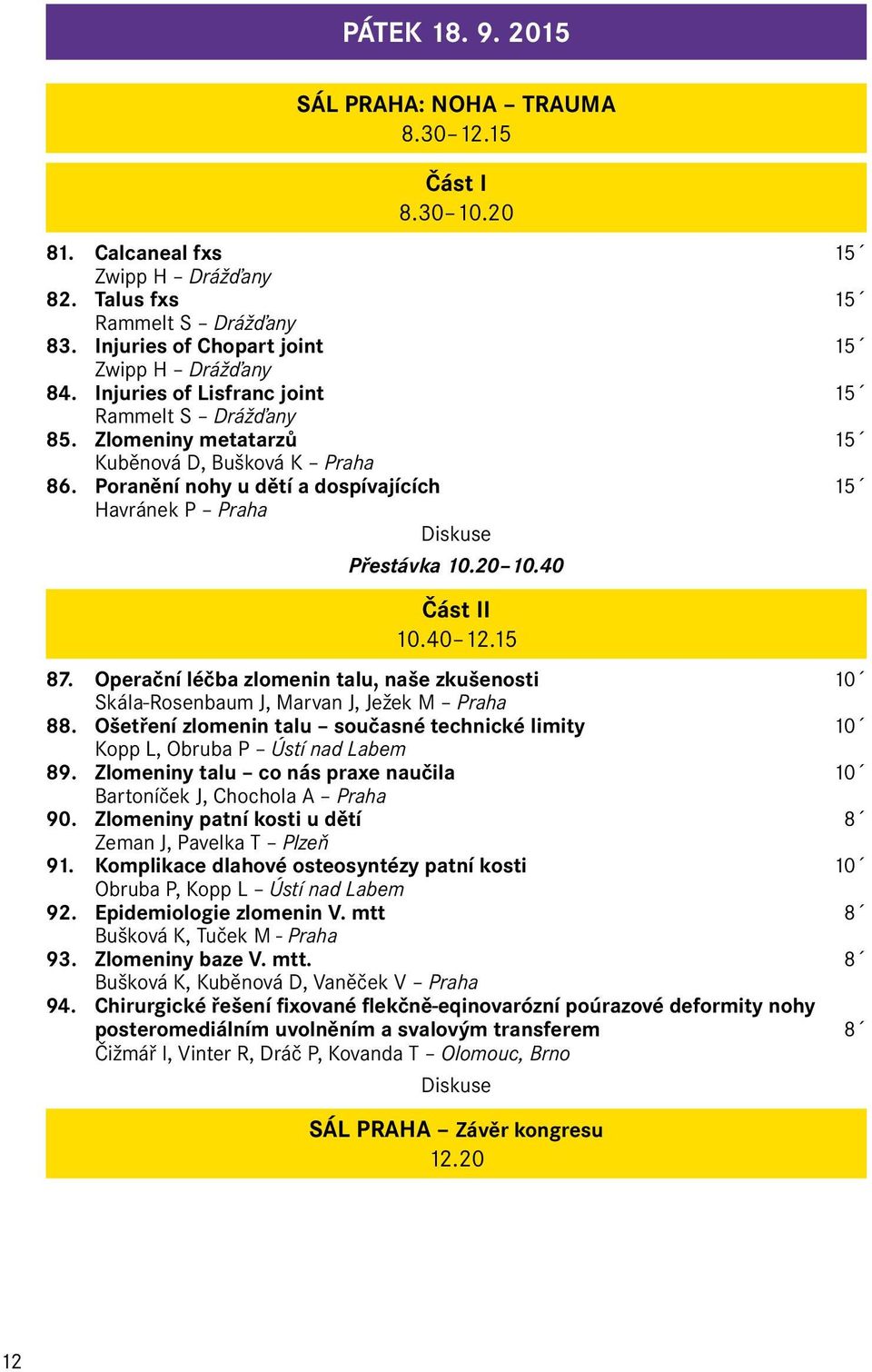 40 12.15 87. Operační léčba zlomenin talu, naše zkušenosti 10 Skála-Rosenbaum J, Marvan J, Ježek M Praha 88. Ošetření zlomenin talu současné technické limity 10 Kopp L, Obruba P Ústí nad Labem 89.