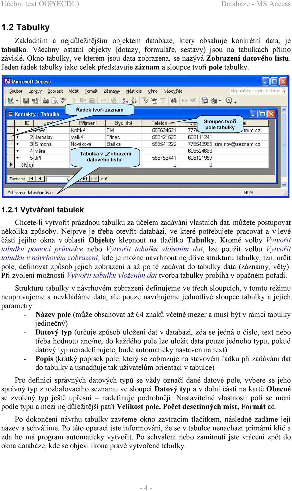 Jeden řádek tabulky jako celek představuje záznam a sloupce tvoří pole tabulky. Řádek tvoří záznam Sloupec tvoří pole tabulky Tabulka v Zobrazení datového listu 1.2.