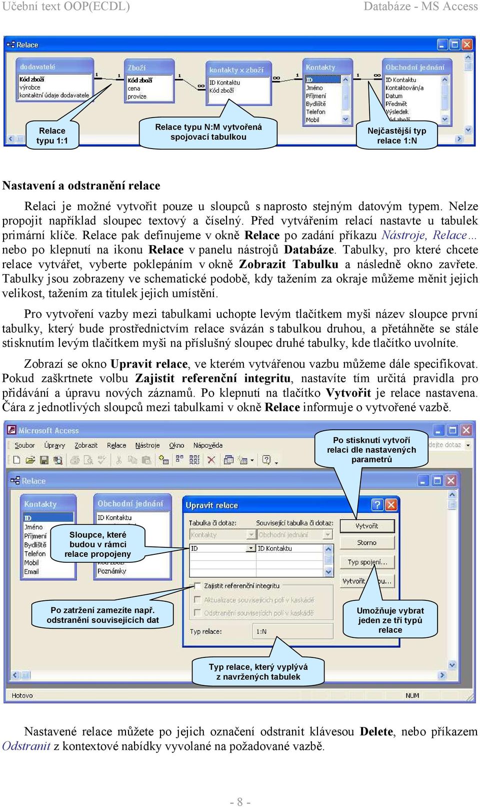 Relace pak definujeme v okně Relace po zadání příkazu Nástroje, Relace nebo po klepnutí na ikonu Relace v panelu nástrojů Databáze.