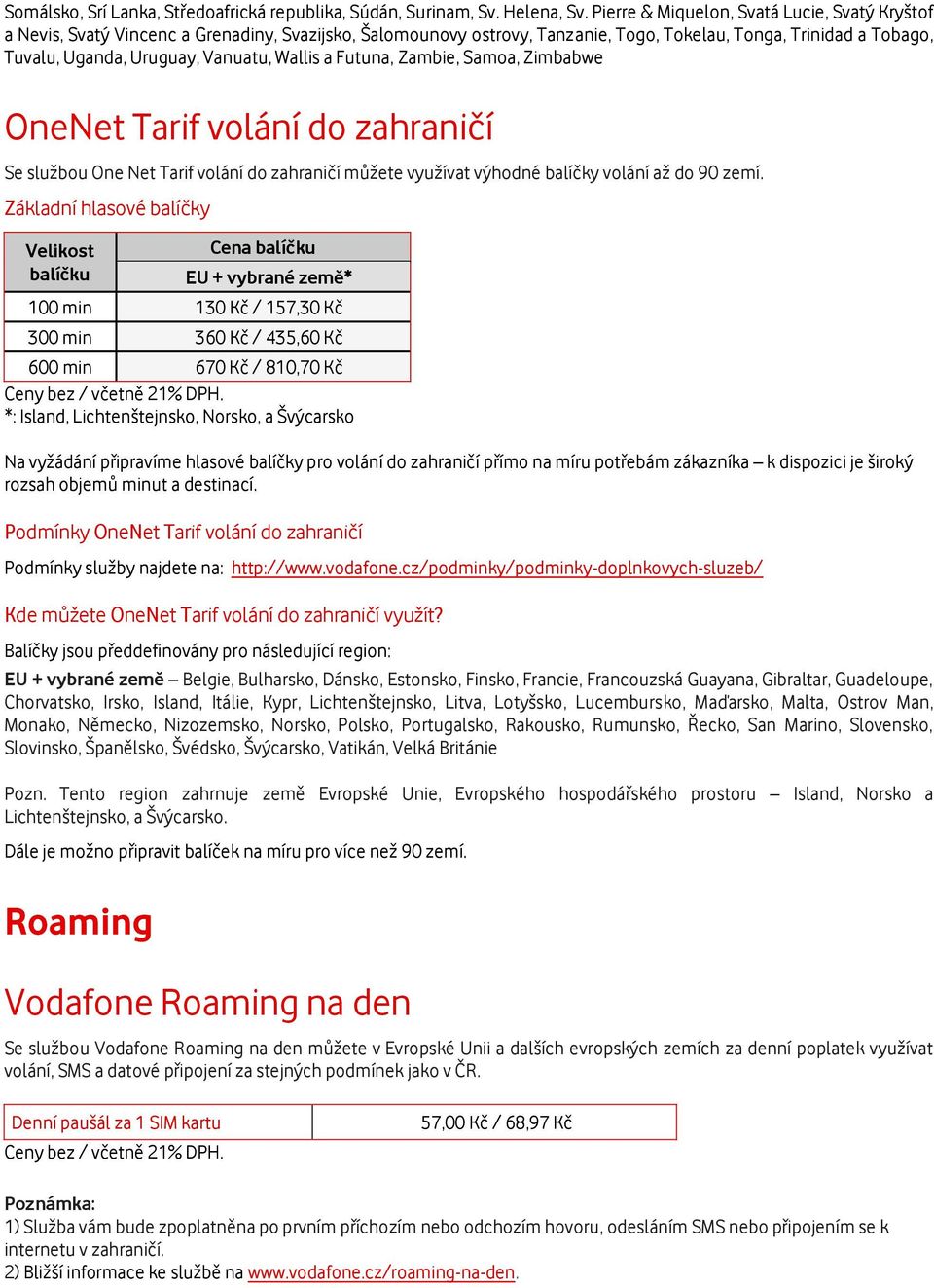 Wallis a Futuna, Zambie, Samoa, Zimbabwe OneNet Tarif volání do zahraničí Se službou One Net Tarif volání do zahraničí můžete využívat výhodné balíčky volání až do 90 zemí.