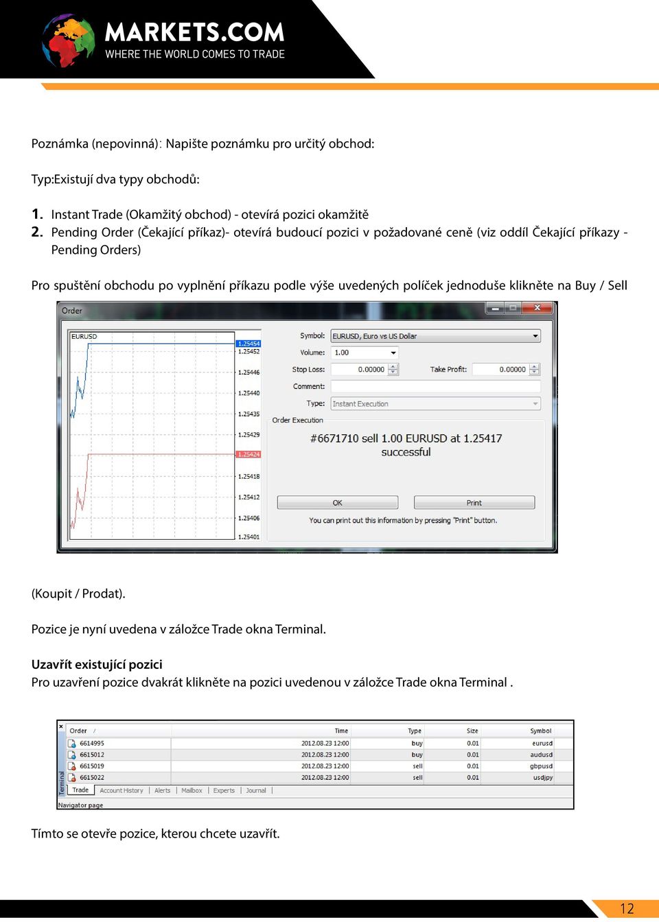 příkazu podle výše uvedených políček jednoduše klikněte na Buy / Sell (Koupit / Prodat). Pozice je nyní uvedena v záložce Trade okna Terminal.