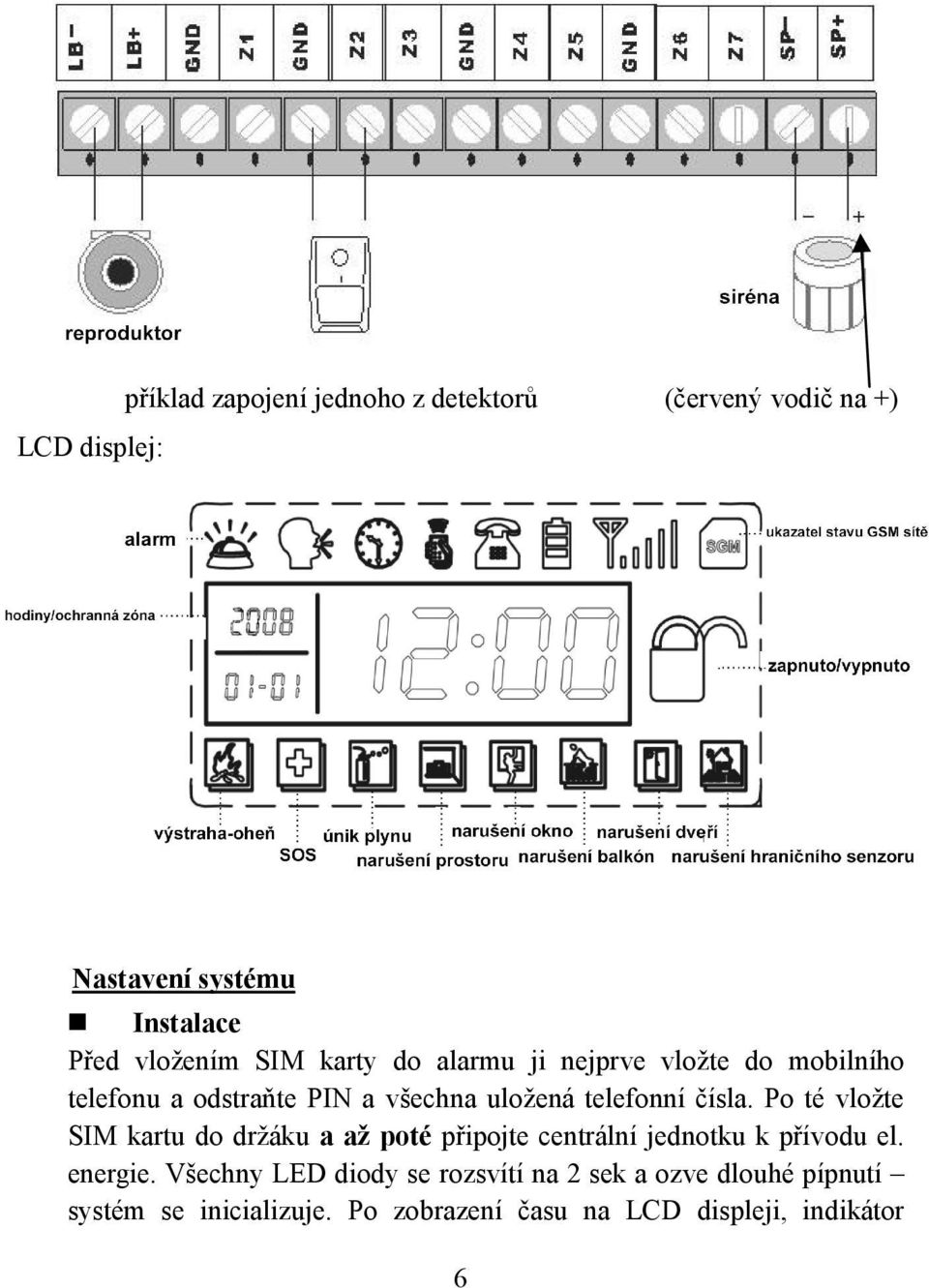 Po té vložte SIM kartu do držáku a až poté připojte centrální jednotku k přívodu el. energie.