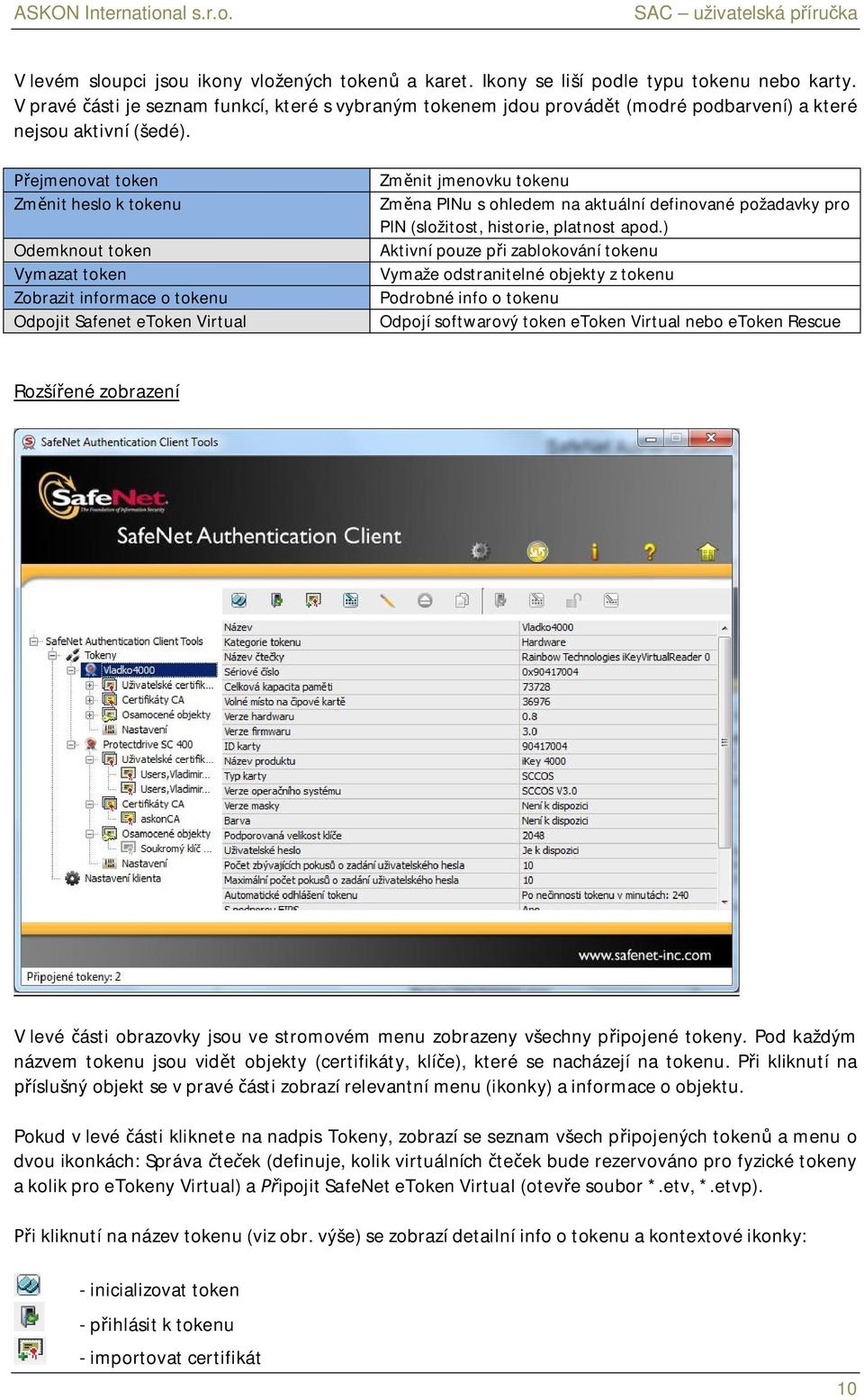 ejmenovat token Zm nit heslo k tokenu Odemknout token Vymazat token Zobrazit informace o tokenu Odpojit Safenet etoken Virtual Zm nit jmenovku tokenu Zm na PINu s ohledem na aktuální definované